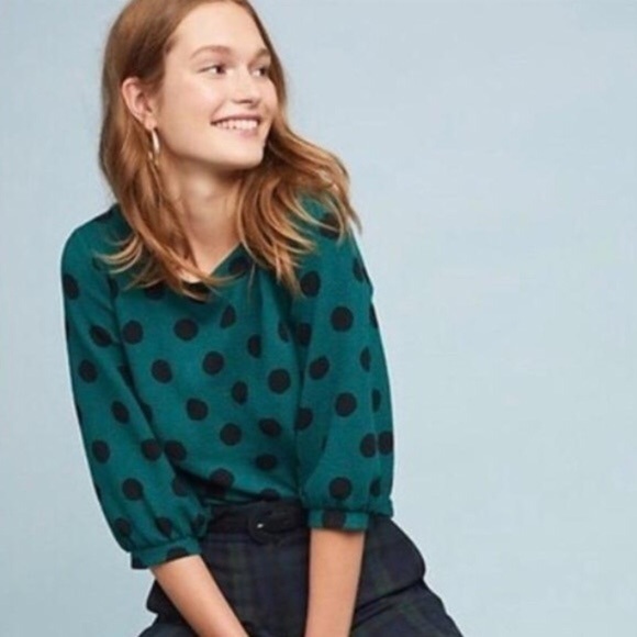 Maeve Anthropologie Green Black Polka Dot Pullover Top - Picture 2 of 10